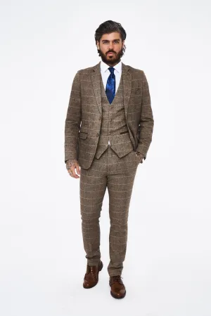 Marc Darcy Ted Tan Tweed Check Three piece Suit