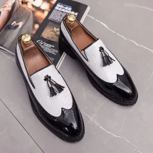 Men's Black & White Crocodile Oxford Wingtips Loafer Two Tone Dress Shoes
