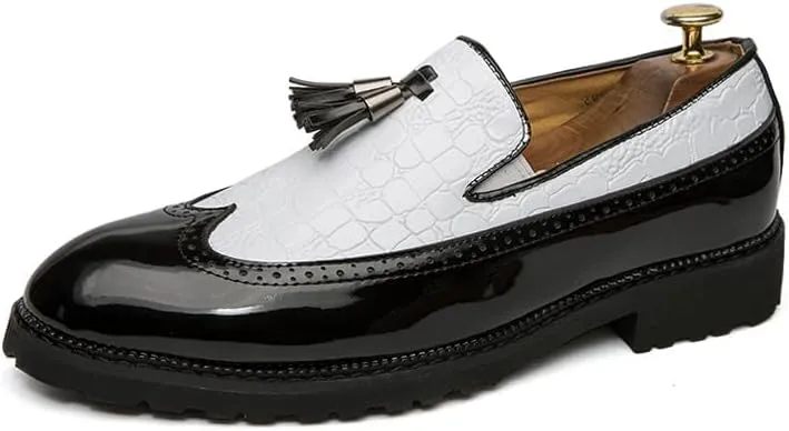 Men's Black & White Crocodile Oxford Wingtips Loafer Two Tone Dress Shoes