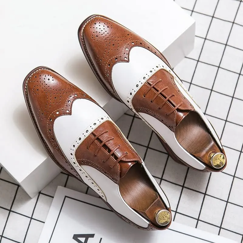 Men's Brown/White Oxford Wingtips Lace Up Two Tone Dress Shoes
