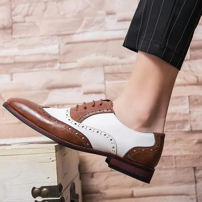 Men's Brown/White Oxford Wingtips Lace Up Two Tone Dress Shoes
