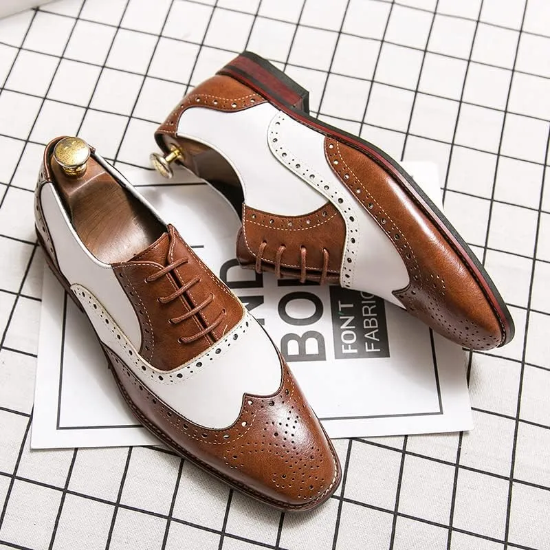 Men's Brown/White Oxford Wingtips Lace Up Two Tone Dress Shoes