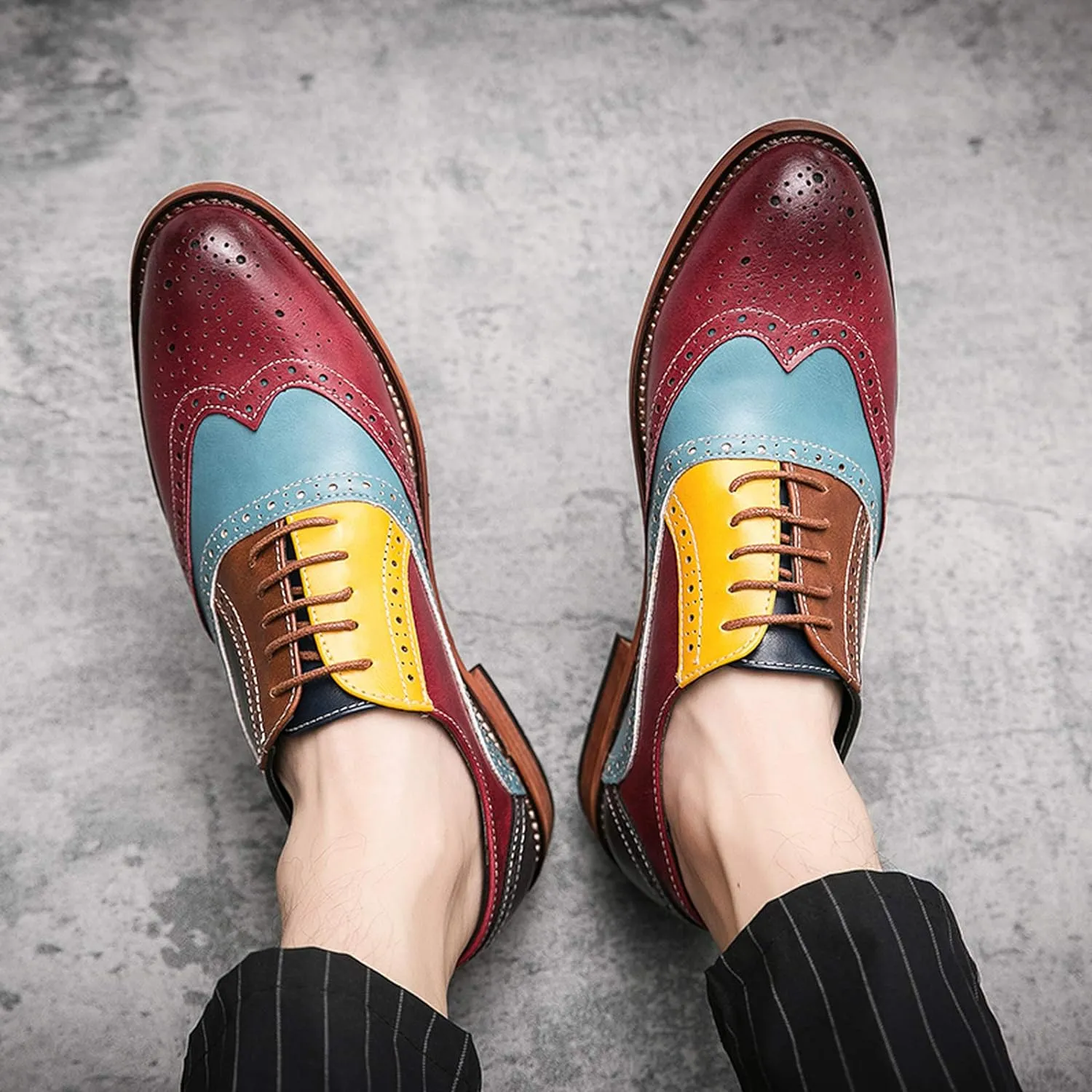 Men's Brown/Yellow/Blue Oxford Wingtips Lace Up Two Tone Dress Shoes