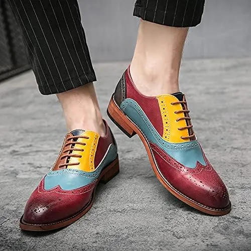 Men's Brown/Yellow/Blue Oxford Wingtips Lace Up Two Tone Dress Shoes