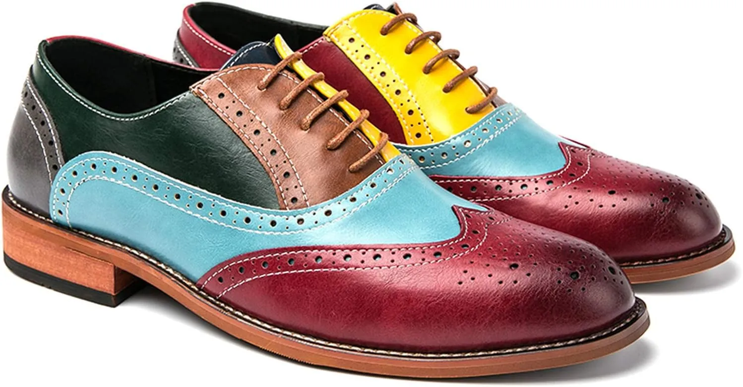 Men's Brown/Yellow/Blue Oxford Wingtips Lace Up Two Tone Dress Shoes