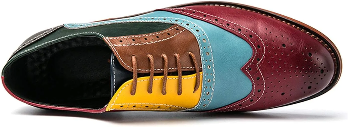Men's Brown/Yellow/Blue Oxford Wingtips Lace Up Two Tone Dress Shoes