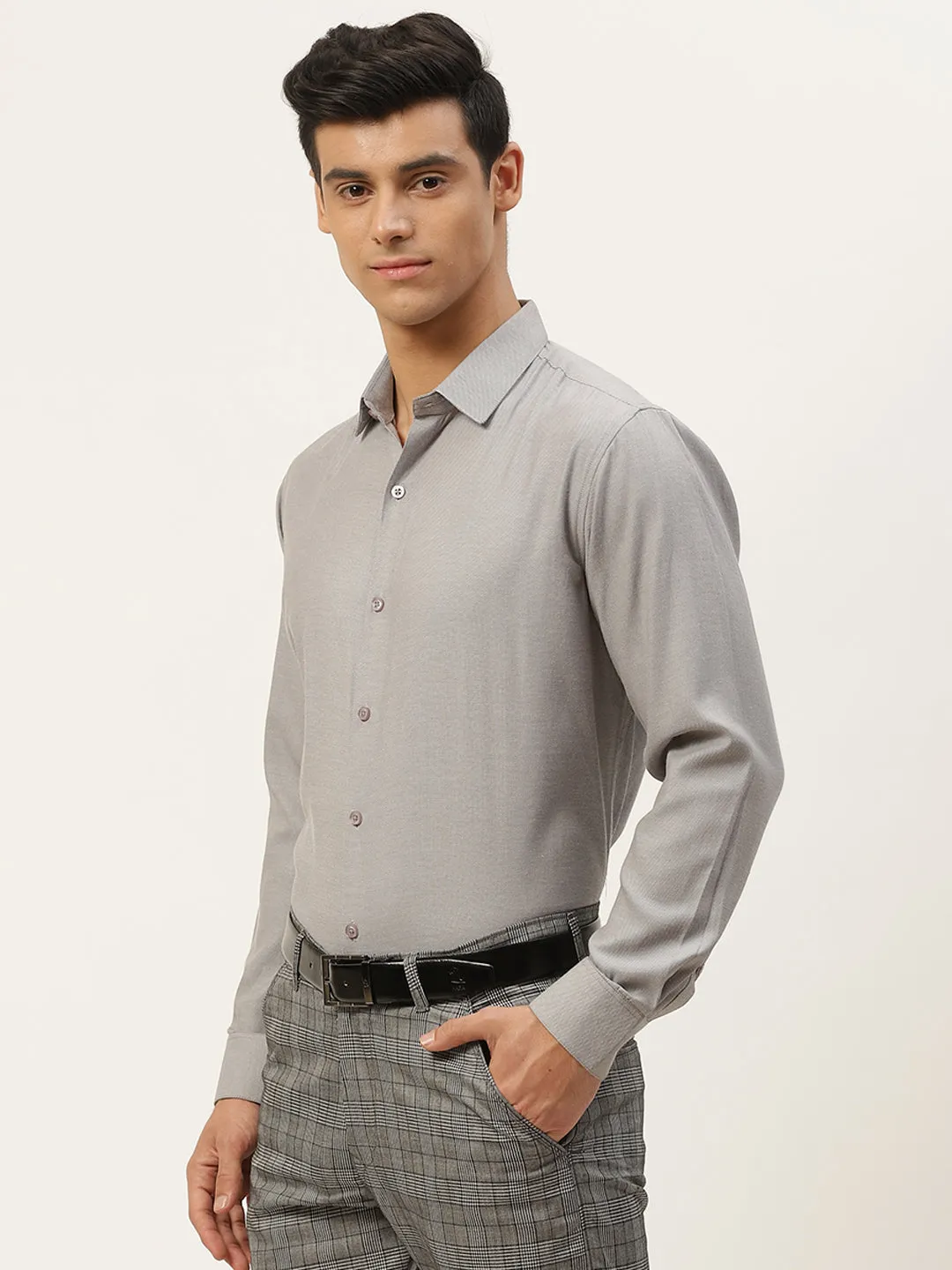 Men's Cotton Grey Self Design Classic Formal Shirt - Sojanya