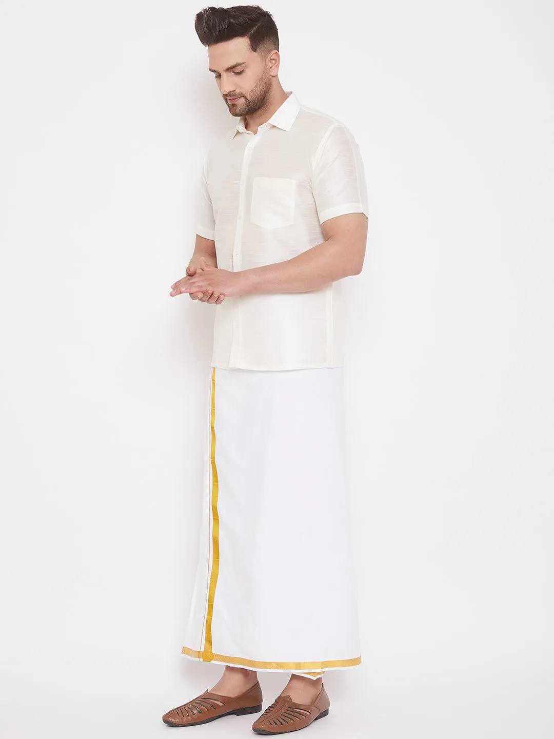 Men's Cream And White Silk Blend Shirt And Mundu - Vastramay