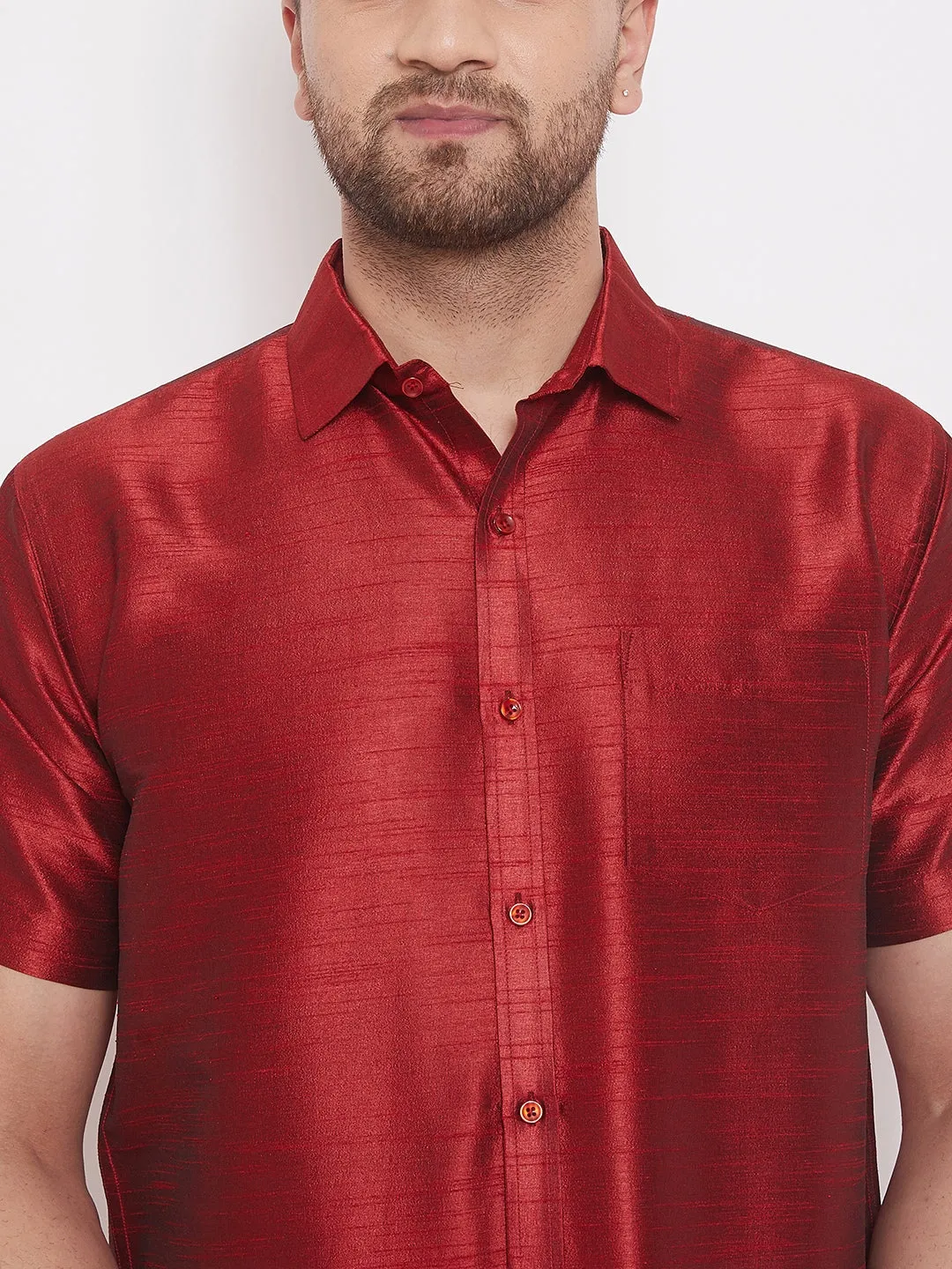 Men's Maroon And White Silk Blend Shirt And Mundu - Vastramay