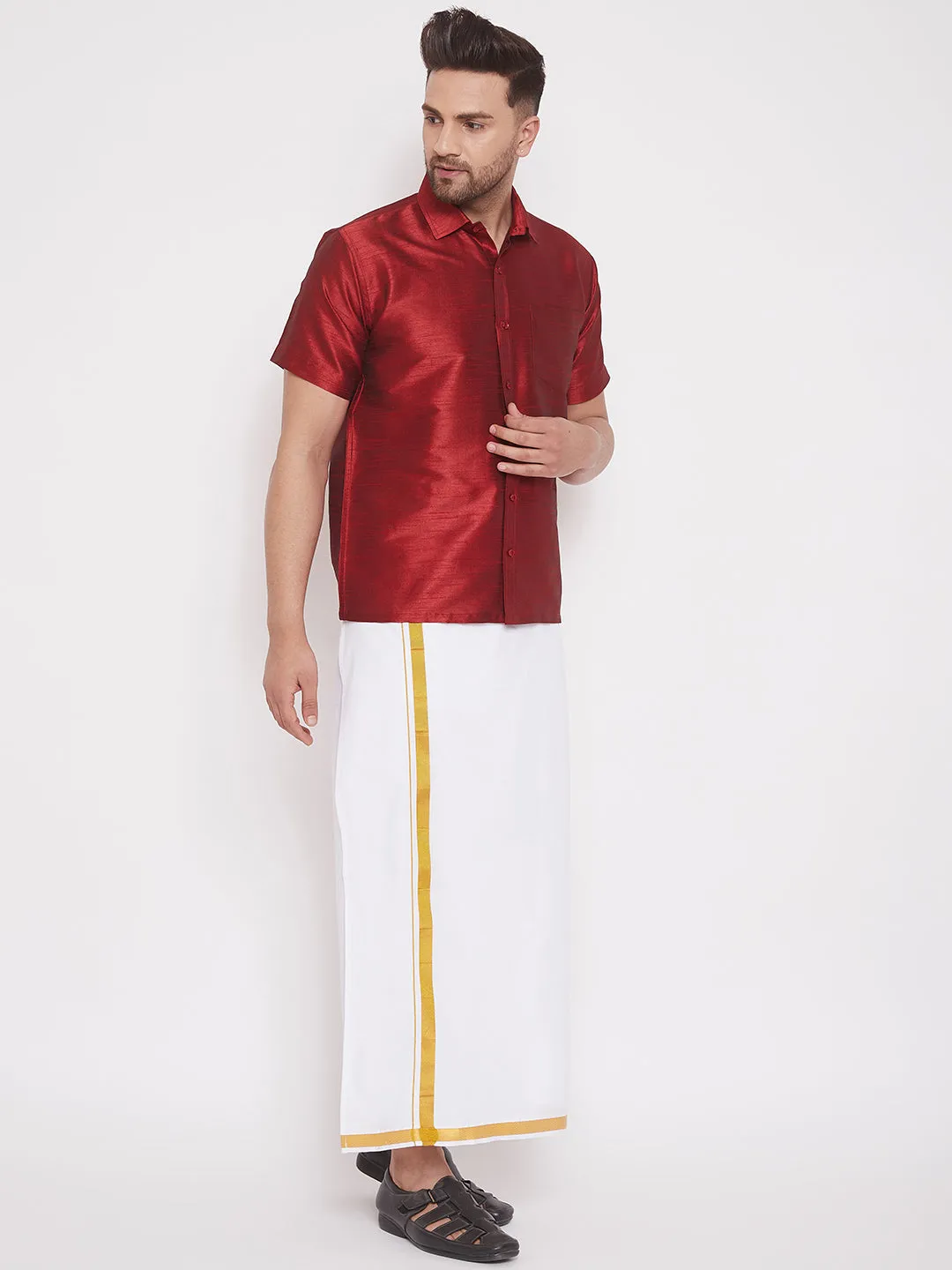 Men's Maroon And White Silk Blend Shirt And Mundu - Vastramay