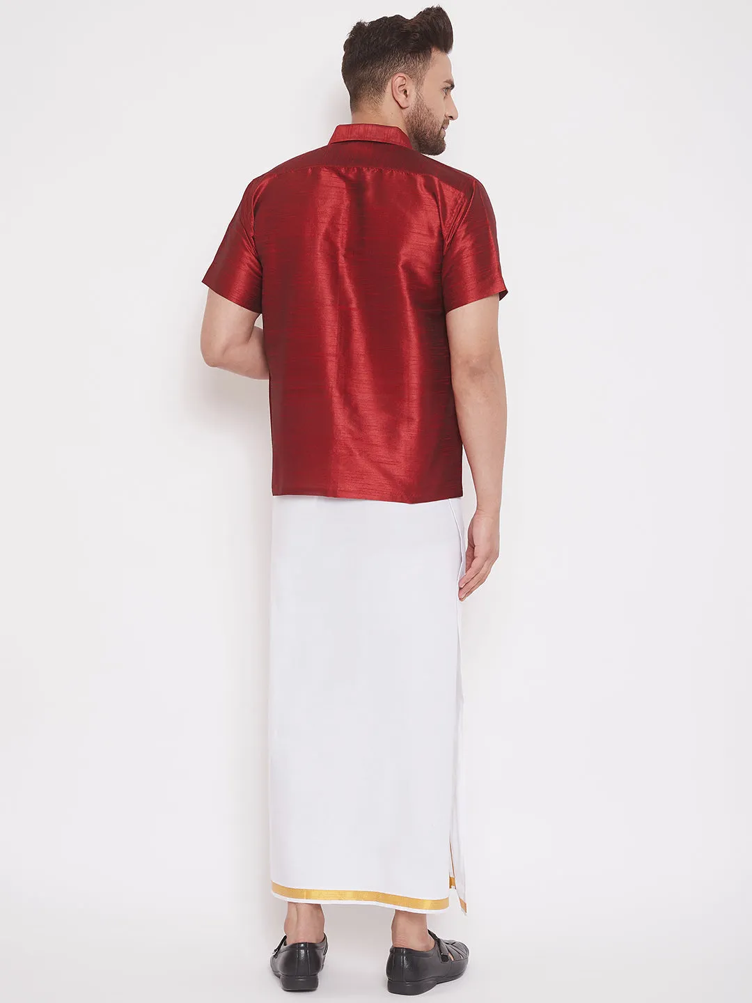 Men's Maroon And White Silk Blend Shirt And Mundu - Vastramay