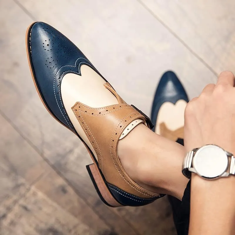 Men's Navy/Tan Oxford Wingtips Lace Up Two Tone Dress Shoes