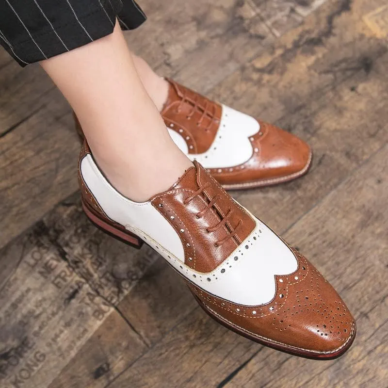 Men's Navy/Tan Oxford Wingtips Lace Up Two Tone Dress Shoes