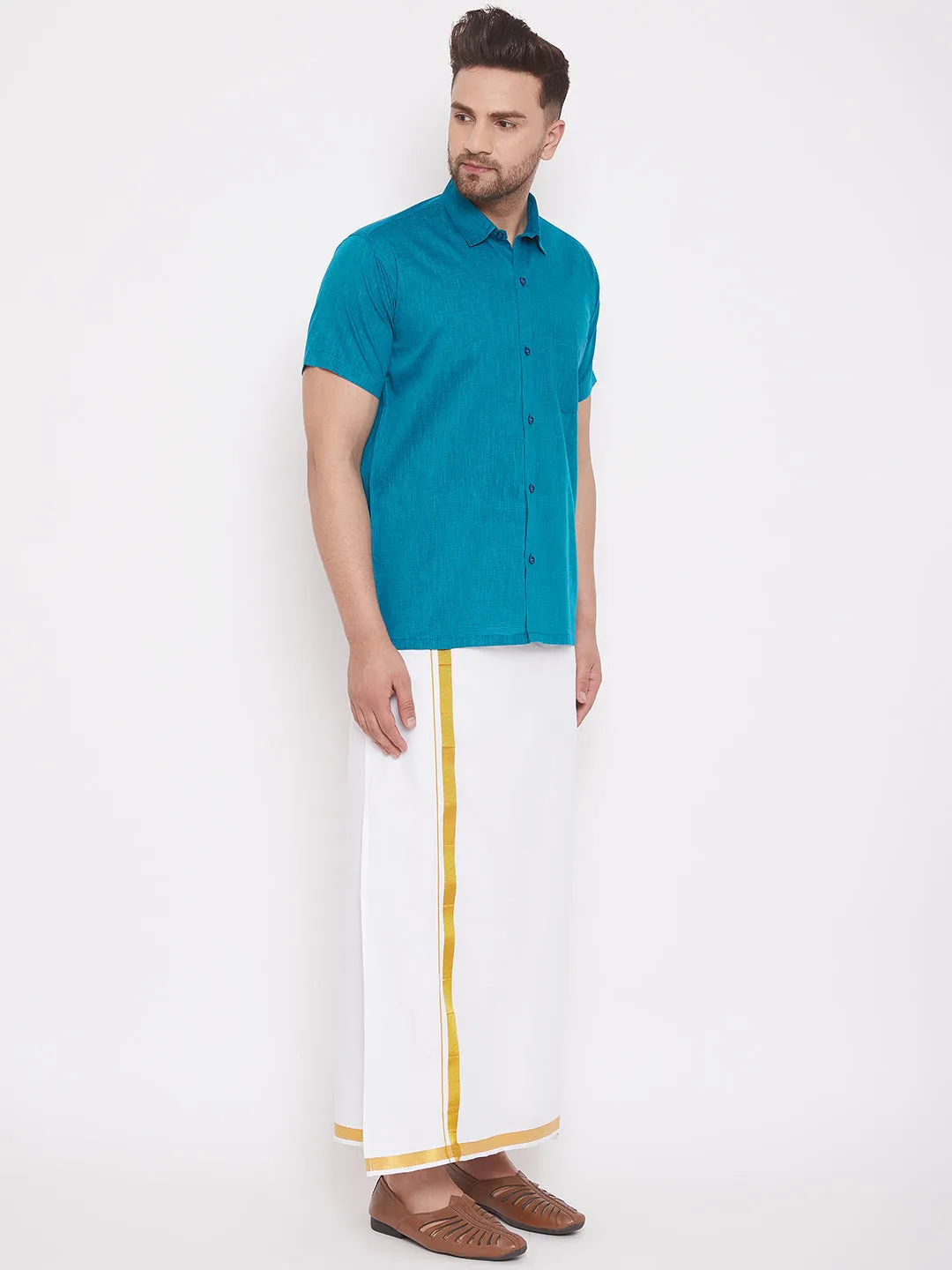 Men's Turquoise And White Cotton Blend Shirt And Mundu - Vastramay