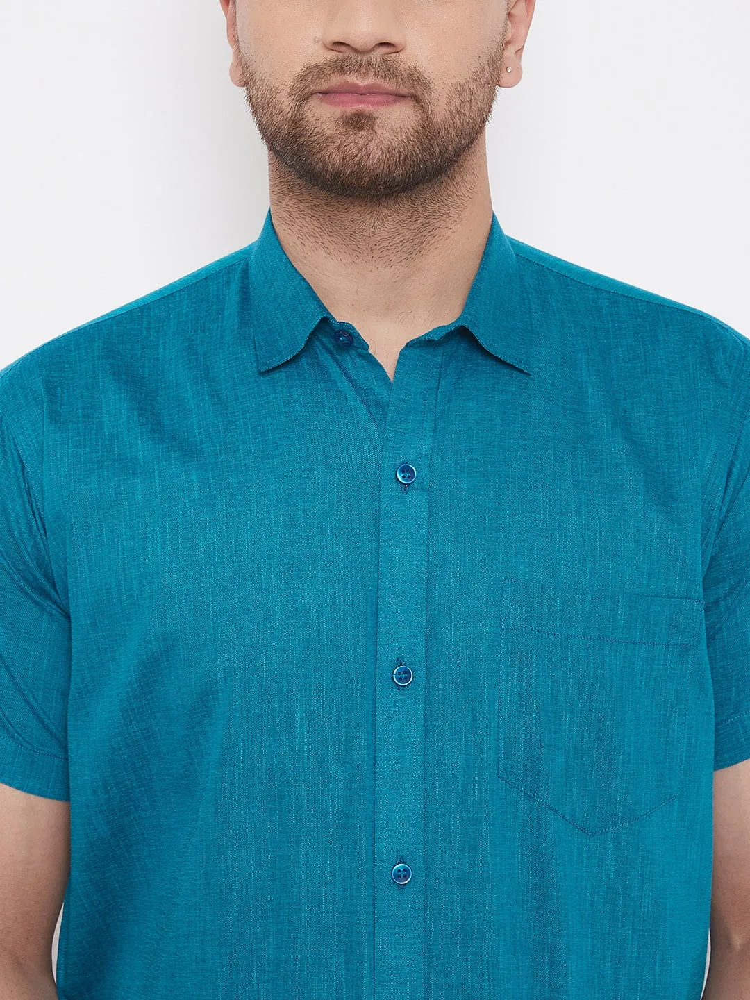 Men's Turquoise And White Cotton Blend Shirt And Mundu - Vastramay