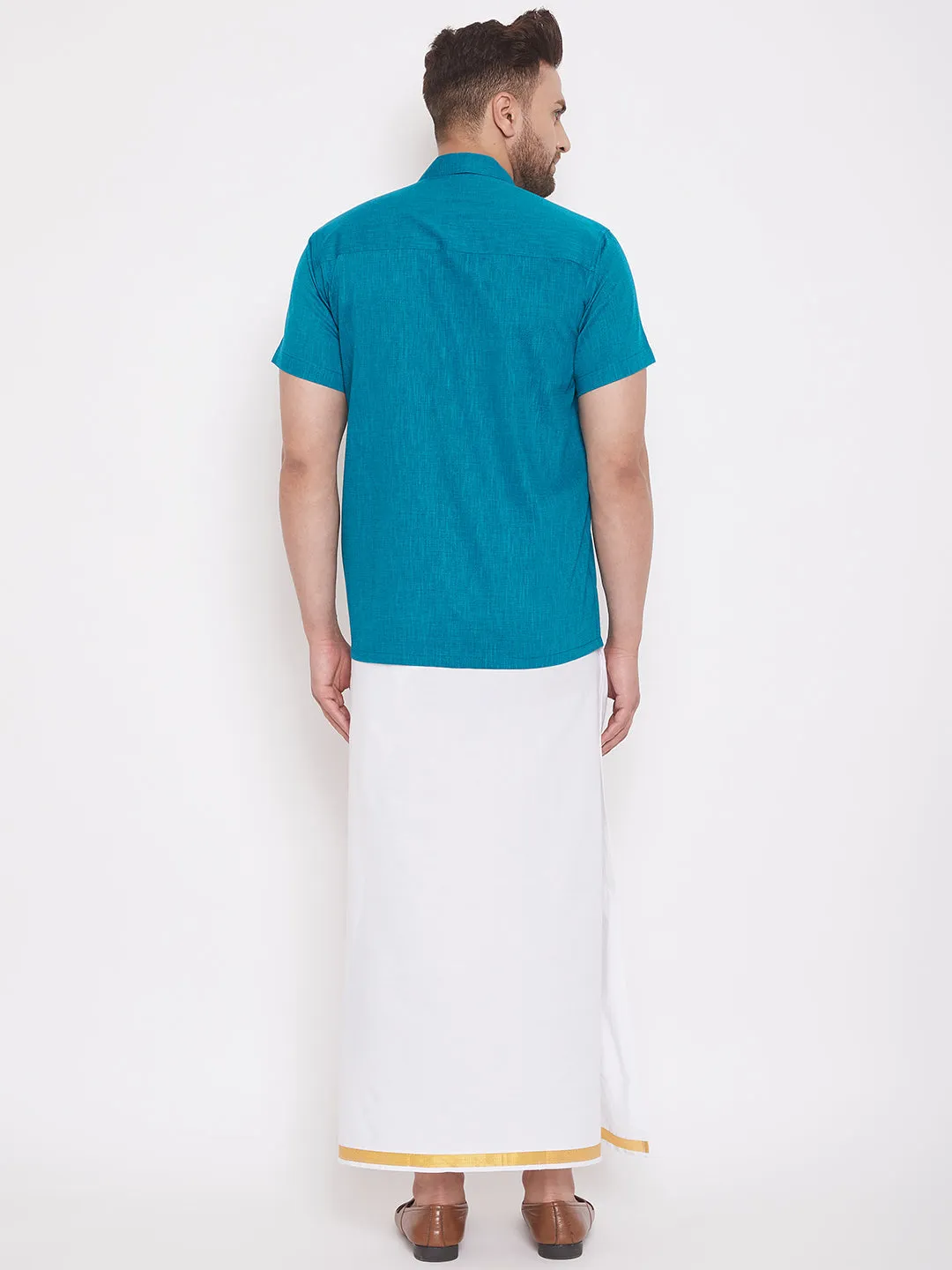 Men's Turquoise And White Cotton Blend Shirt And Mundu - Vastramay