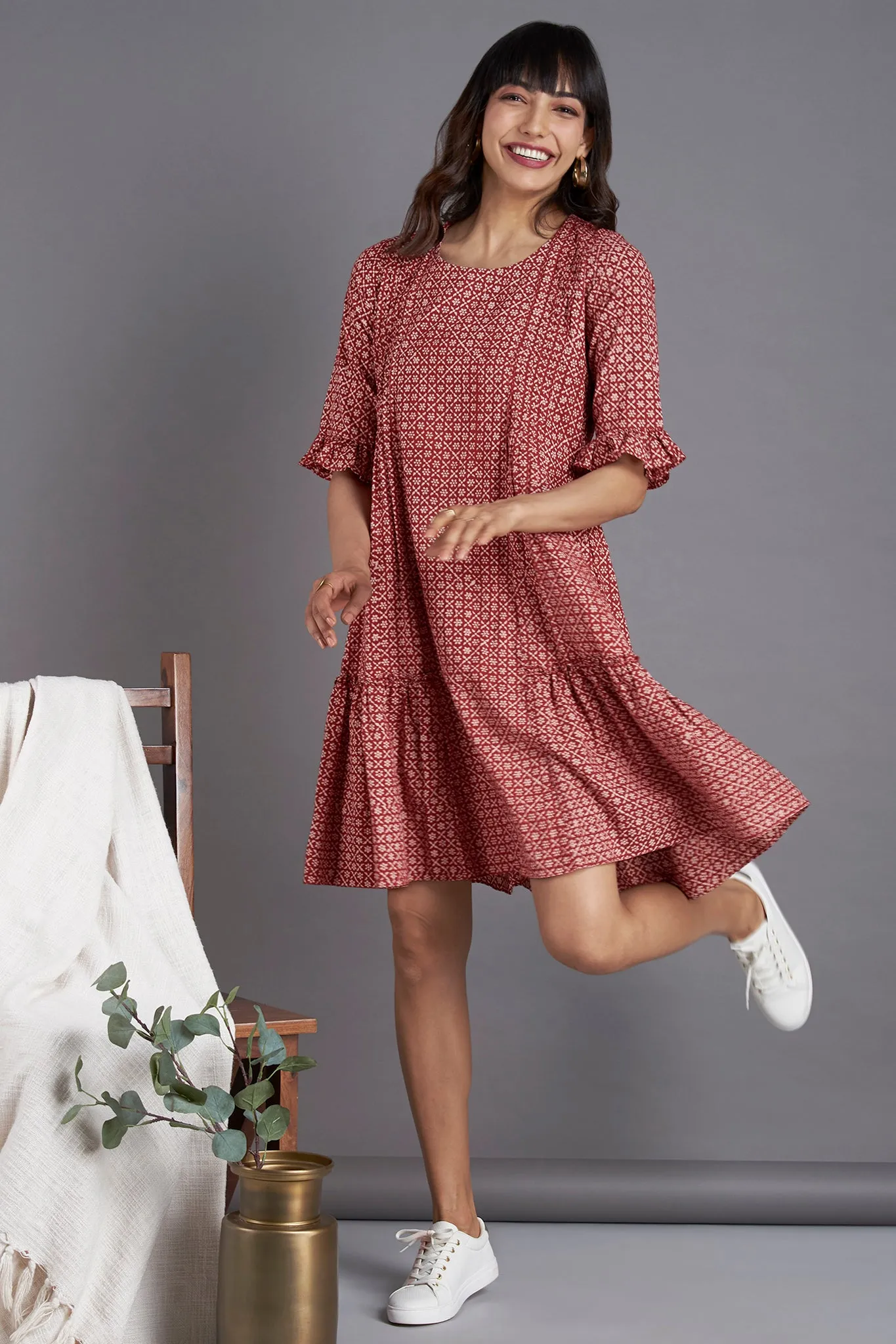 midi dress with ruffled bottom - eclectic madder & botanical cascades