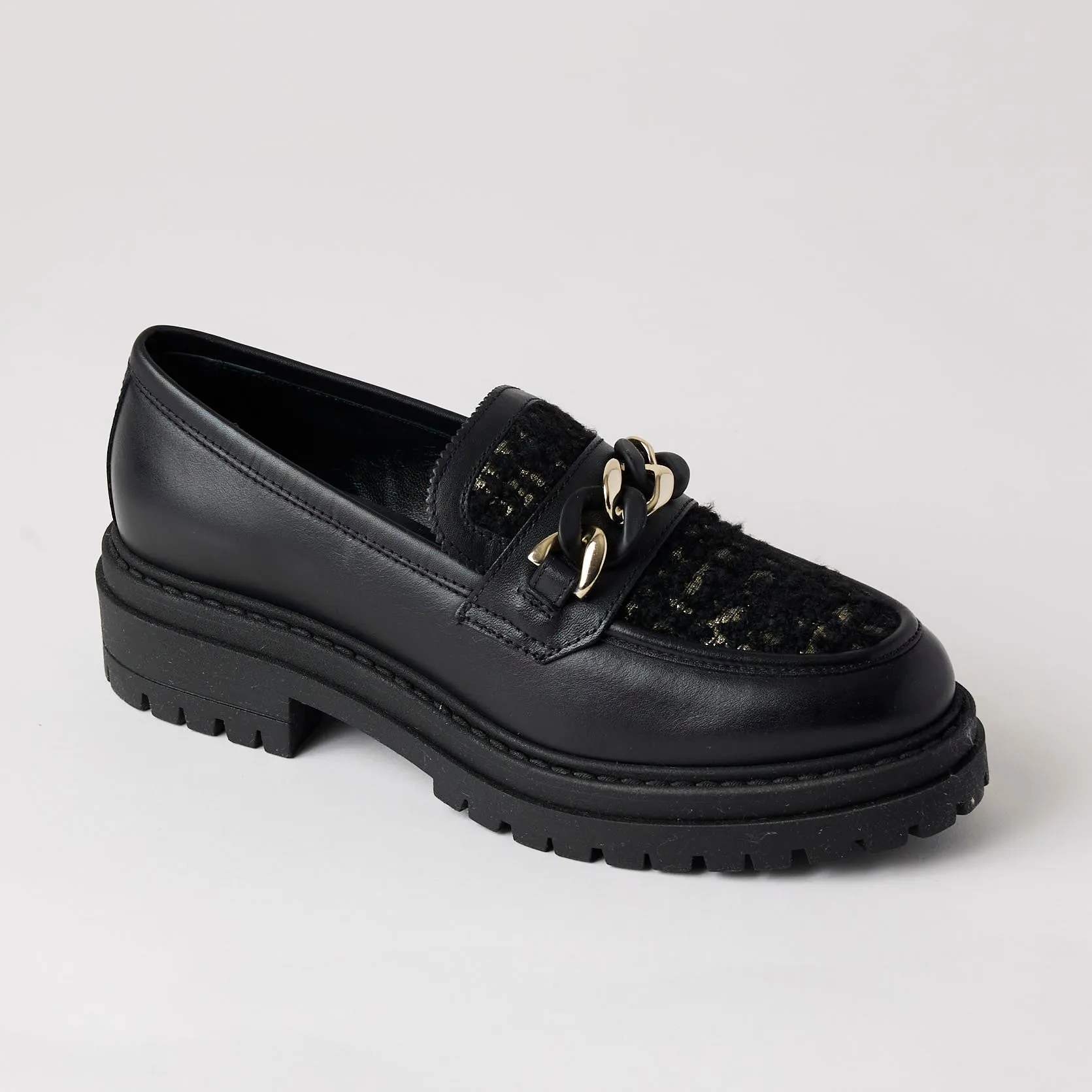 NeroGiardini Black Leather Bouclé Brogues