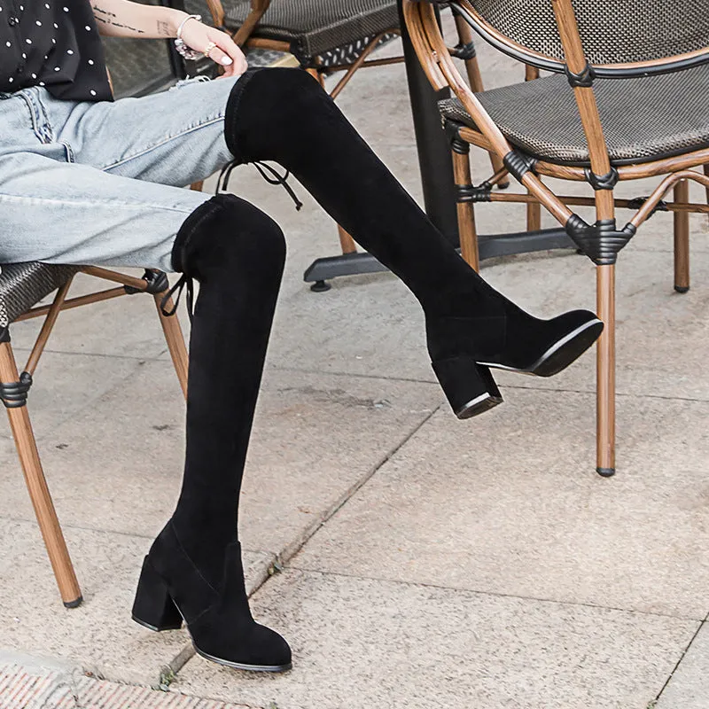 New Winter Thick Heel Round Head Elastic High Boots