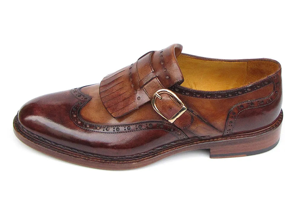 Paul Parkman Men's Wingtip Monkstrap Brogues Brown Hand-painted Leather Shoes (Id#060)
