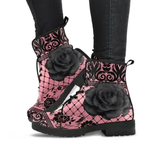 Pink Combat Boots-Gothic Lace Print 110 Roses