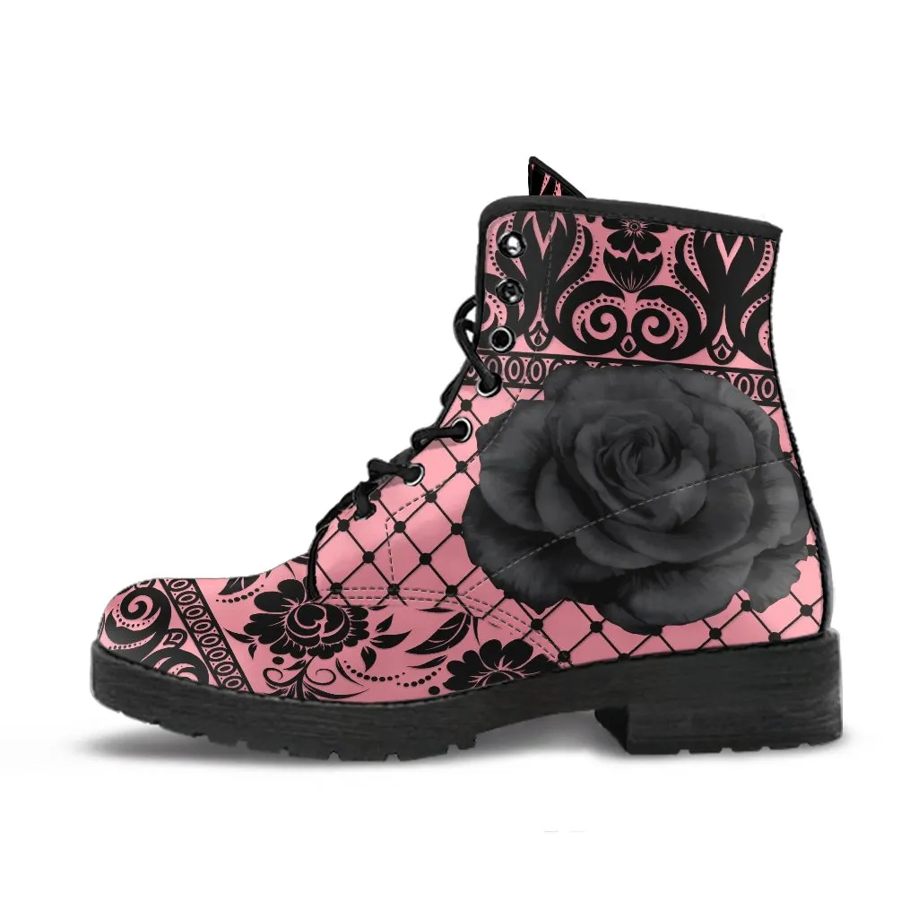 Pink Combat Boots-Gothic Lace Print 110 Roses