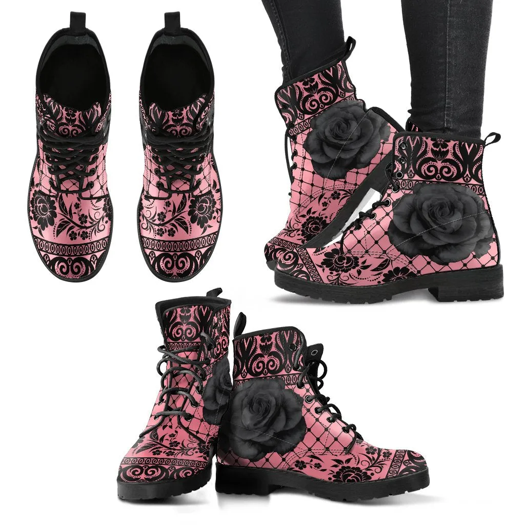 Pink Combat Boots-Gothic Lace Print 110 Roses