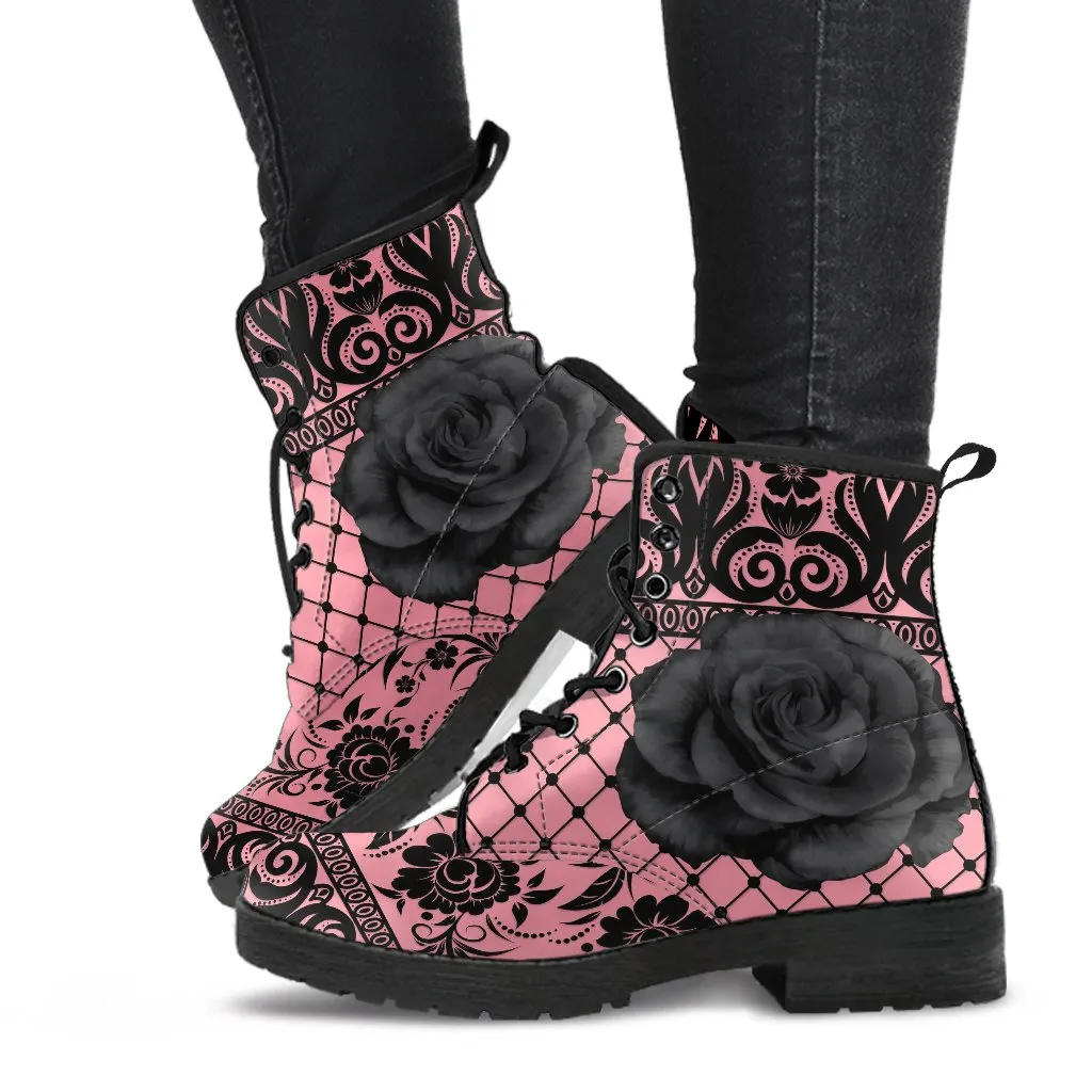 Pink Combat Boots-Gothic Lace Print 110 Roses
