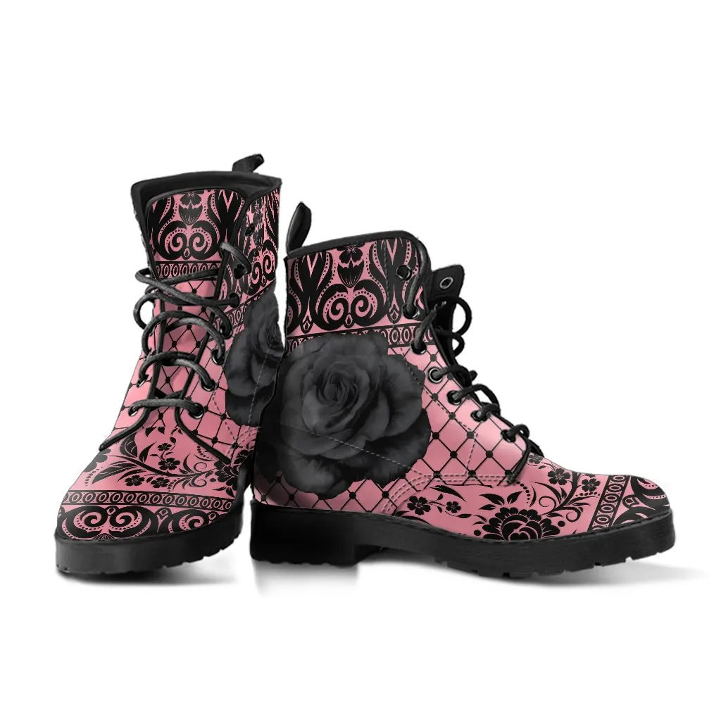 Pink Combat Boots-Gothic Lace Print 110 Roses