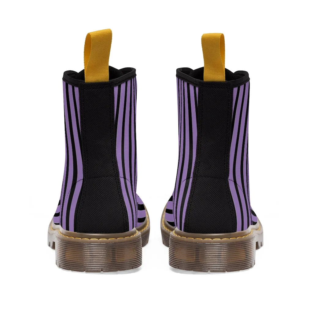 Purple Striped Print Men's Boots, Black Stripes Best Hiking Designer Winter Boots Laced Up Shoes For Men