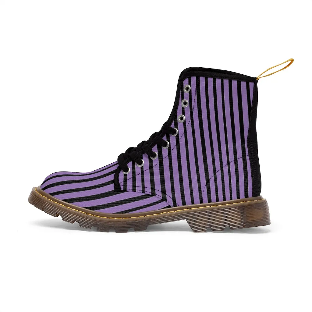 Purple Striped Print Men's Boots, Black Stripes Best Hiking Designer Winter Boots Laced Up Shoes For Men