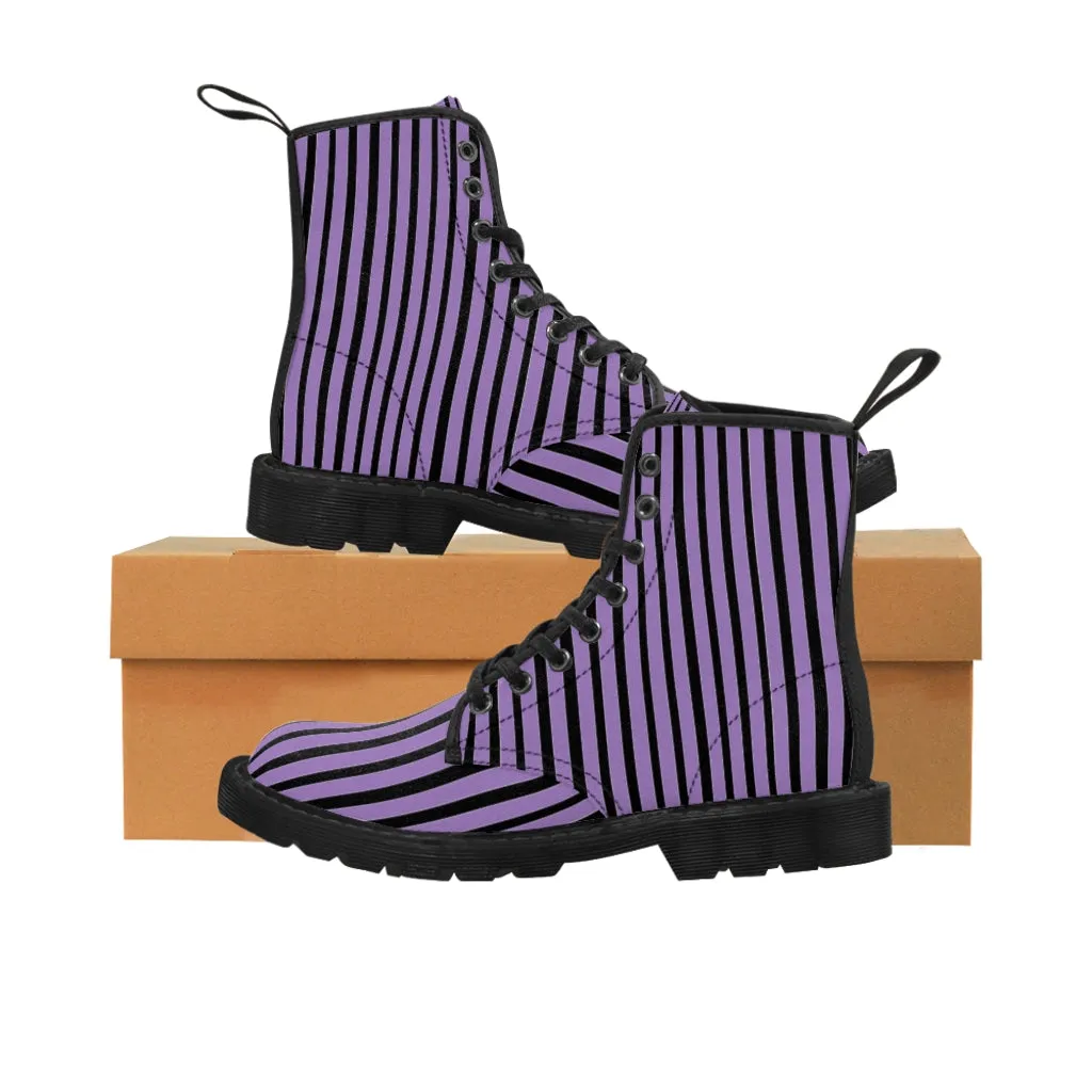 Purple Striped Print Men's Boots, Black Stripes Best Hiking Designer Winter Boots Laced Up Shoes For Men