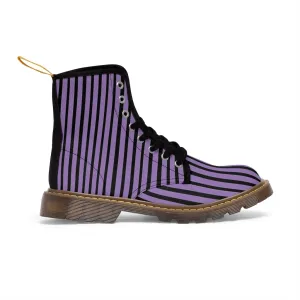Purple Striped Print Men's Boots, Black Stripes Best Hiking Designer Winter Boots Laced Up Shoes For Men