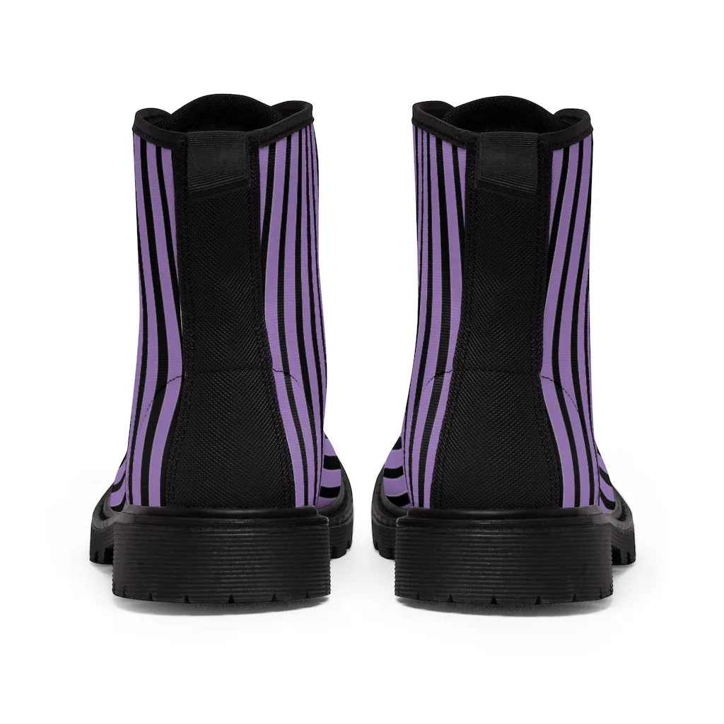 Purple Striped Print Men's Boots, Black Stripes Best Hiking Designer Winter Boots Laced Up Shoes For Men