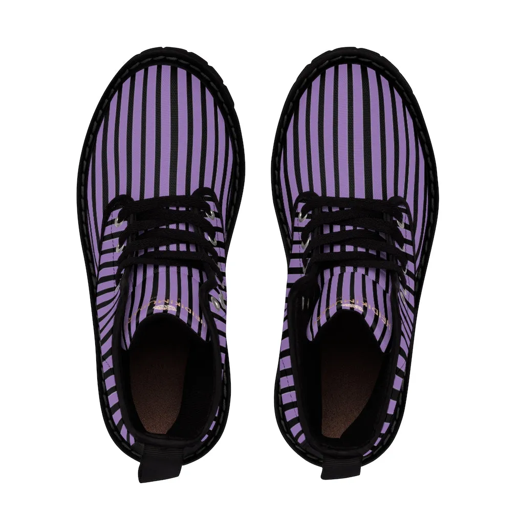 Purple Striped Print Men's Boots, Black Stripes Best Hiking Designer Winter Boots Laced Up Shoes For Men