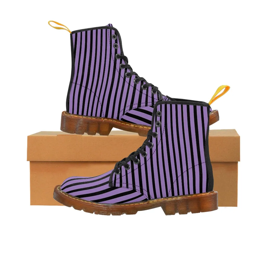 Purple Striped Print Men's Boots, Black Stripes Best Hiking Designer Winter Boots Laced Up Shoes For Men