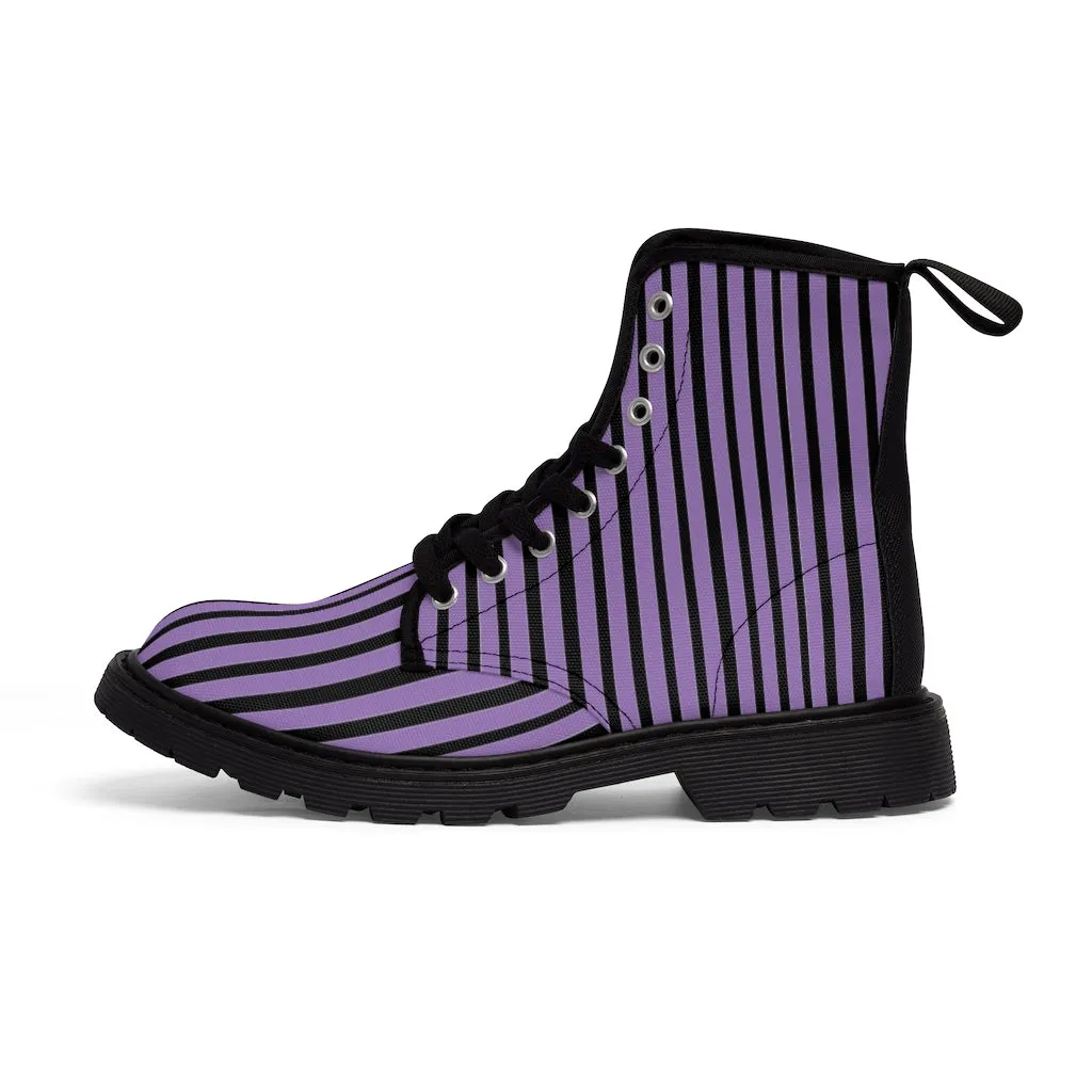 Purple Striped Print Men's Boots, Black Stripes Best Hiking Designer Winter Boots Laced Up Shoes For Men