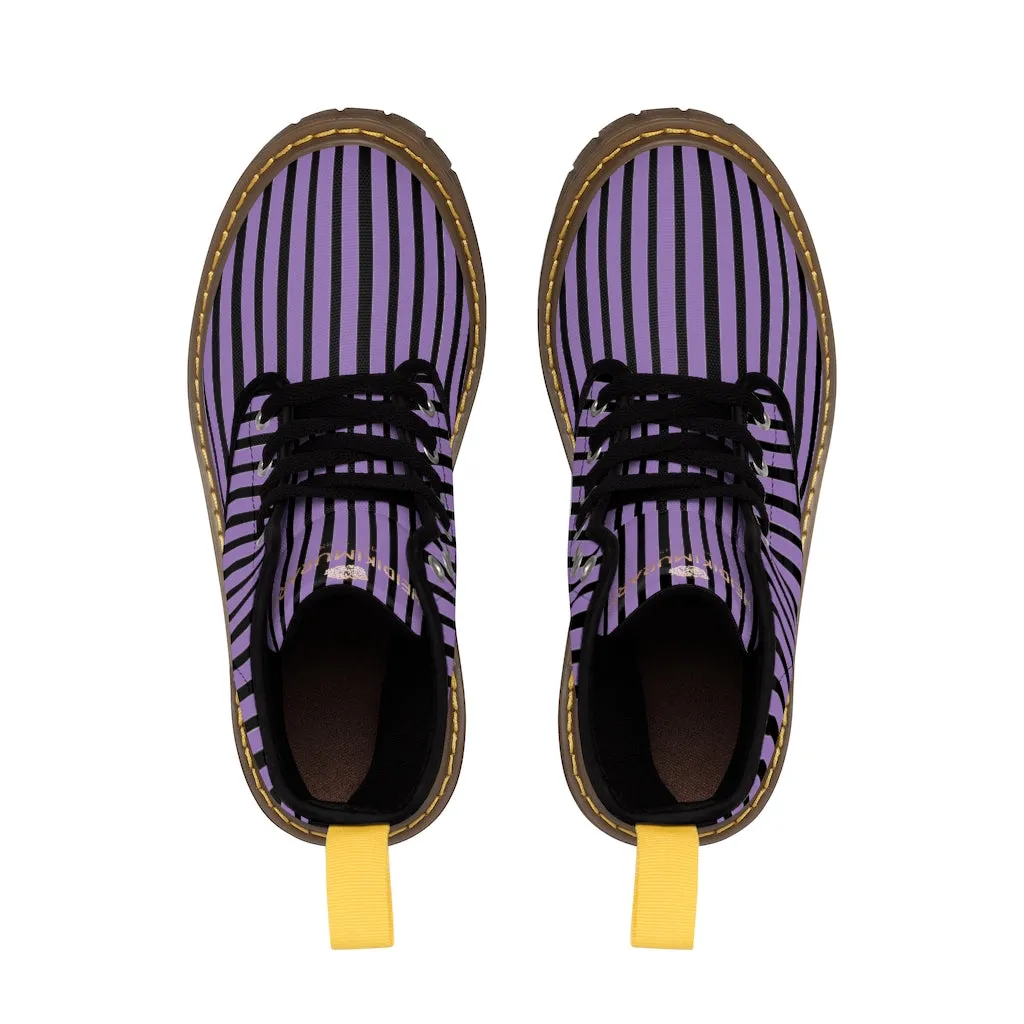 Purple Striped Print Men's Boots, Black Stripes Best Hiking Designer Winter Boots Laced Up Shoes For Men
