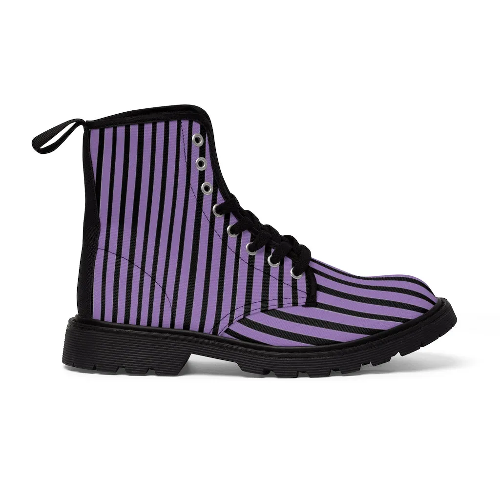 Purple Striped Print Men's Boots, Black Stripes Best Hiking Designer Winter Boots Laced Up Shoes For Men