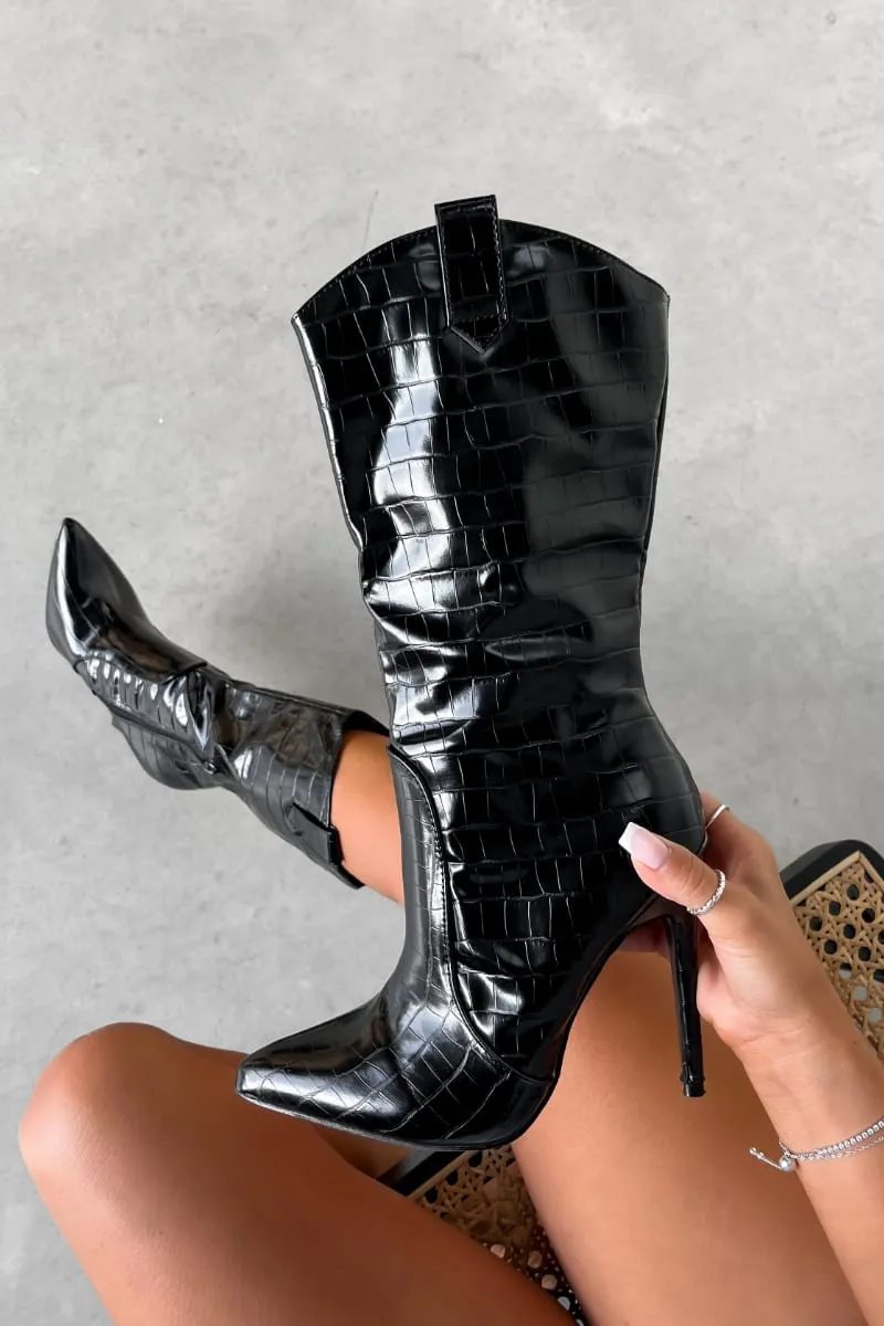 RENEE Pointed Toe Stiletto Boots - Black Croc
