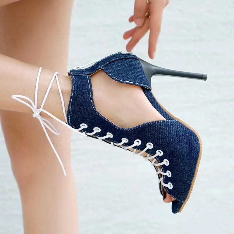 Sexy Denim Peep Toe Strap High Heel Ankle Boots