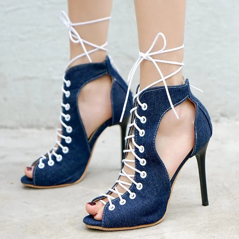 Sexy Denim Peep Toe Strap High Heel Ankle Boots
