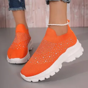 Shiny Crystal Knitted Breathable Sneakers Women 2023 Autumn Platform Running Sport Shoes Woman Plus Size 43 Slip On Casual Shoes