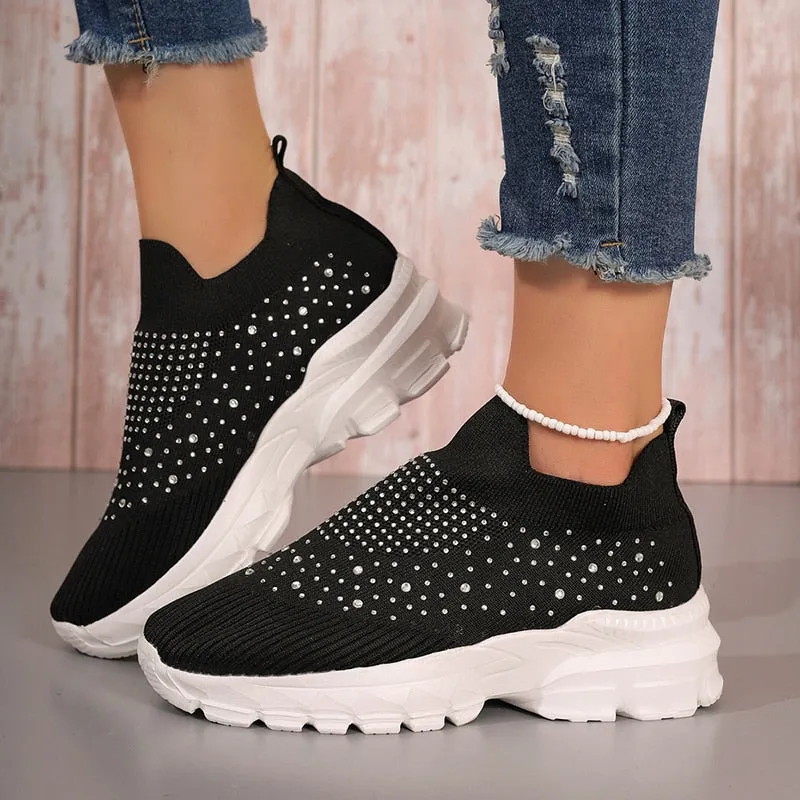 Shiny Crystal Knitted Breathable Sneakers Women 2023 Autumn Platform Running Sport Shoes Woman Plus Size 43 Slip On Casual Shoes