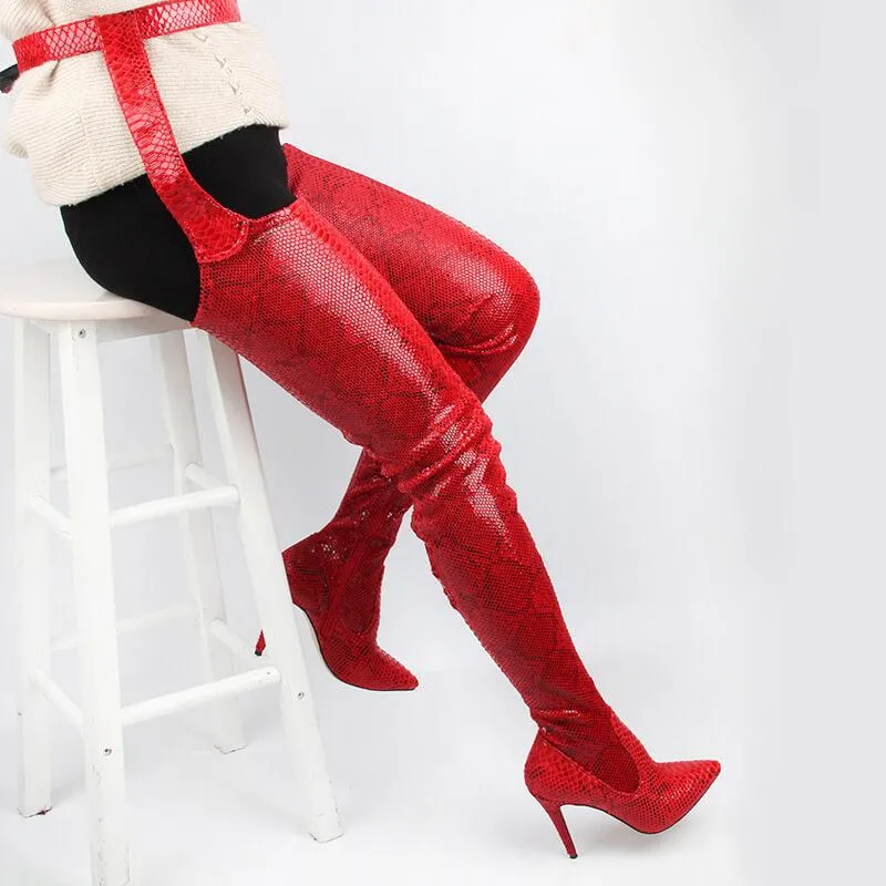 Snakeskin Leather Belt Thigh High Boots