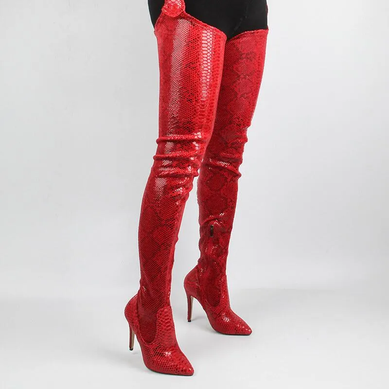 Snakeskin Leather Belt Thigh High Boots