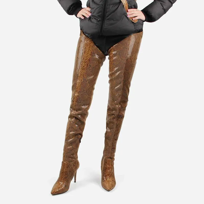 Snakeskin Leather Belt Thigh High Boots