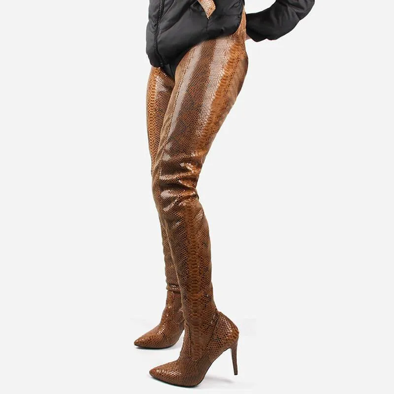 Snakeskin Leather Belt Thigh High Boots