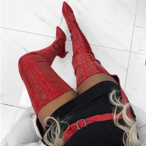 Snakeskin Leather Belt Thigh High Boots