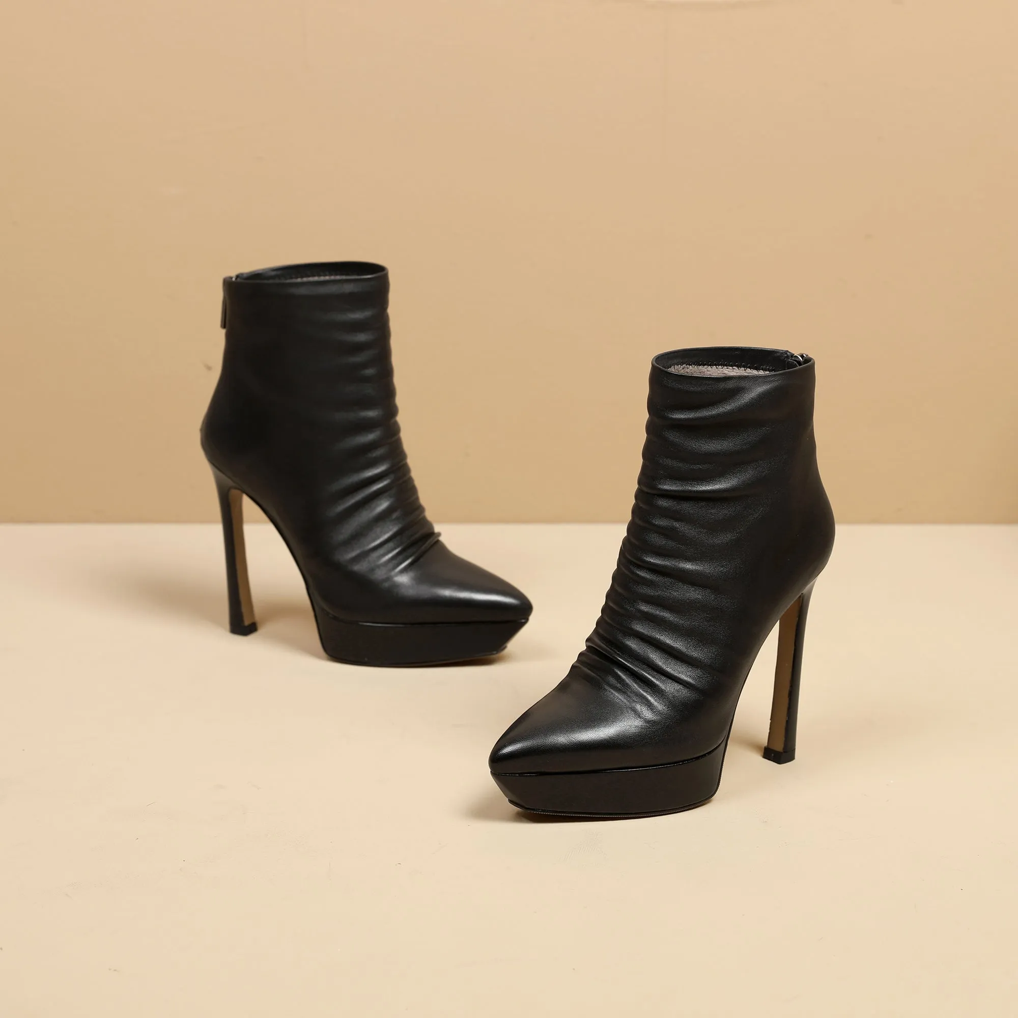 TinaCus Handmade Women's Genuime Leather Platform Plicated Side Zipper Pointed Toe High Stiletto Heel Ankle Boots